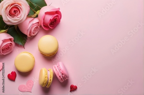  women's day concept created from macaroons, flowers roses and on a pink background clear Valentine's Day date or party concept. Ai art 