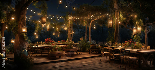 a deck with a table and chairs lit up at night