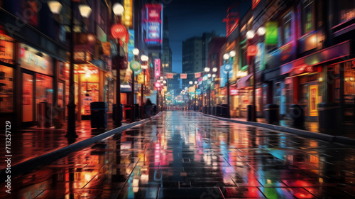 Modern Chinese city nights: Neon-lit vibrant cityscape, empty streets, red lights of advertising, shops, and restaurants.