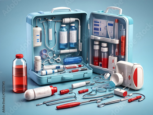 Pharmacy medical kit with realistic 3d medical equipment. Collection for first aid. Temperature measurement, throat treatment, medical help concept. Vector illustration design.