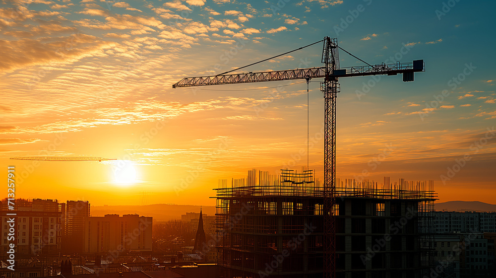 Sunrise Over Construction Site with Steel Framework of Building in Progress, Industrial Crane at Work, Urban Development Concept