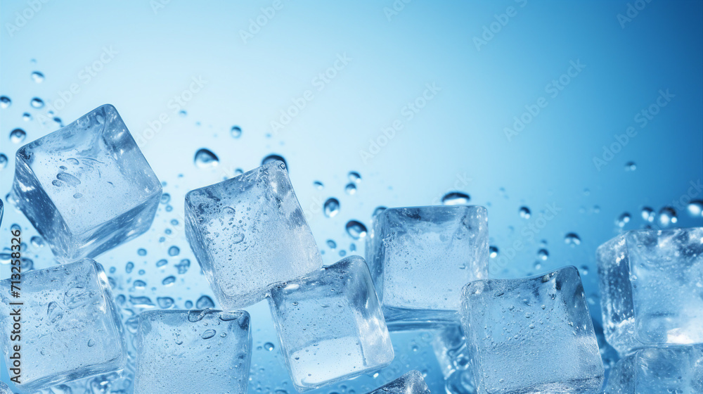 Captivating Overhead Shot of Crystal Clear Ice Cubes on Blue Background with Refreshing Droplets – Ideal Copy Space for Cool Summer Drink Concepts and Beverage Advertising Captivating Overhead Shot of Crystal Clear Ice Cubes on Blue Background with Refreshing Droplets – Ideal Copy Space for Cool Summer Drink Concepts and Beverage Advertising