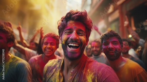 Smiling Man Stands in Front of a Crowd of People, Happy, Positive, Confident, Holi © Taufiq