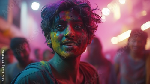 Smiling Man Stands in Front of a Crowd of People, Happy, Positive, Confident, Holi