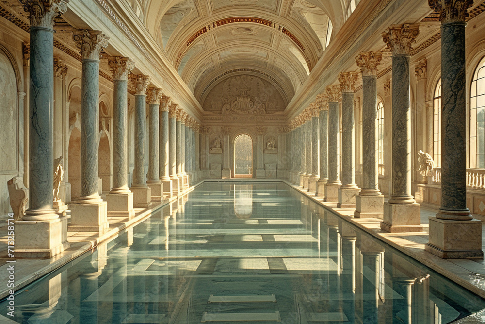 A depiction of an ancient Roman bath-style pool surrounded by marble statues and pillars,