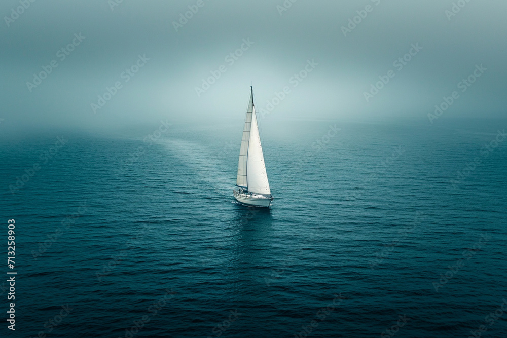 A minimalist scene of a lone, white sail on a vast, dark ocean, suggesting adventure or solitude,