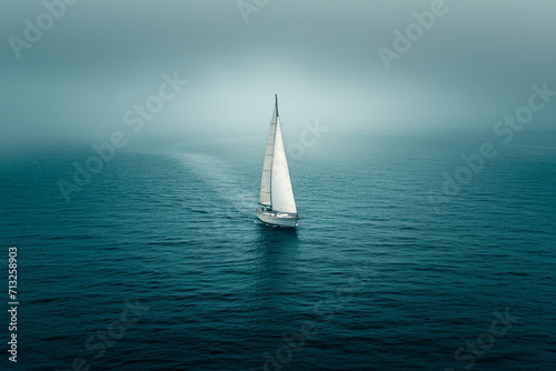 A minimalist scene of a lone, white sail on a vast, dark ocean, suggesting adventure or solitude, © Natalia