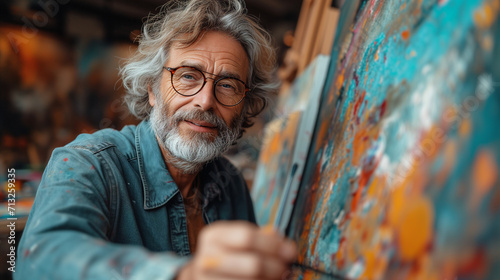 old male artist in glasses paints a large colorful painting with a brush while posing for the camera photo