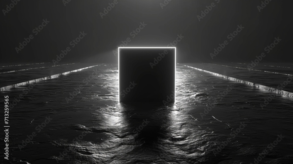 Black background with square platform with light coming from behind Black background with square platform with light coming from behind