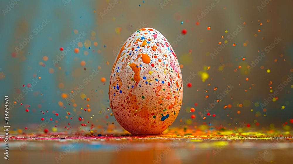 An image of a single egg with a small, vibrant paint splatter, contrasting its natural simplicity,