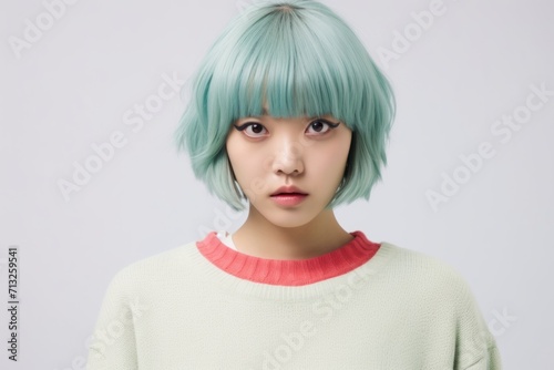 Portrait trendy creative thoughtful Japanese teenager female lady girl student hipster colored dyed hair looking camera white background beauty makeup fashion style adolescence generation Z lifestyles