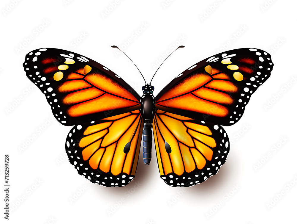 Fototapeta premium A close-up portrait of a beautiful butterfly from above. A butterfly with a color combination of orange, black, and white. Isolated within a white-colored background. Created with Generative AI.
