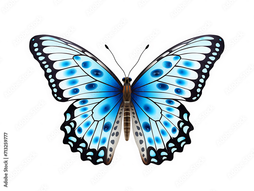 Obraz premium Close-up of a beautiful butterfly from above. The butterfly is a color combination of light blue, black and white. They are isolated within a white-colored background. Created with Generative AI.