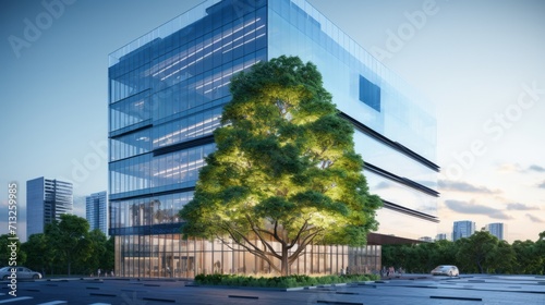 Ecology Concept : Eco-friendly building in the modern city. Sustainable glass office building with tree for reducing carbon dioxide