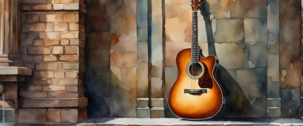 An acoustic guitar leaning against the wall. Illustration in watercolor style. - obrazy, fototapety, plakaty 