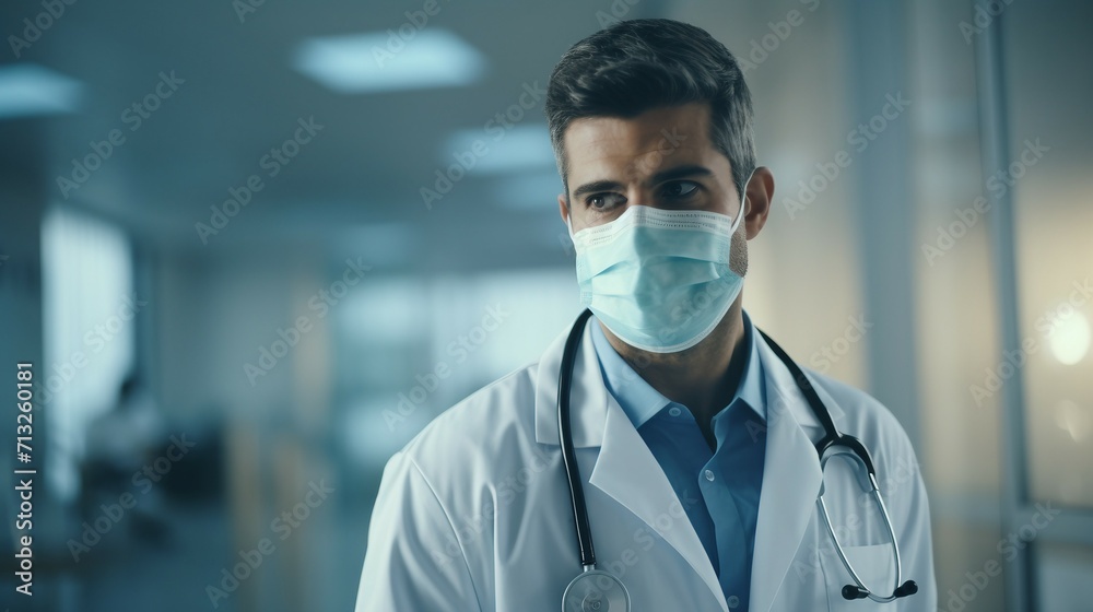 Man Wearing Surgical Mask in Hallway During Pandemic Outbreak, World Health Day Man Wearing Surgical Mask in Hallway During Pandemic Outbreak, World Health Day