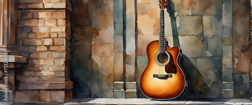 An acoustic guitar leaning against the wall. Illustration in watercolor style.