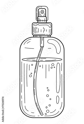 Spray bottle with liquid sketch. Cosmetic product. Hand drawn line art illustration.