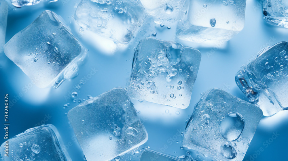 Captivating Overhead Shot of Crystal Clear Ice Cubes on Blue Background with Refreshing Droplets – Ideal Copy Space for Cool Summer Drink Concepts and Beverage Advertising Captivating Overhead Shot of Crystal Clear Ice Cubes on Blue Background with Refreshing Droplets – Ideal Copy Space for Cool Summer Drink Concepts and Beverage Advertising