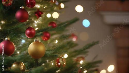 Christmas tree with baubles and garlands on blurred background  closeup. Generative AI