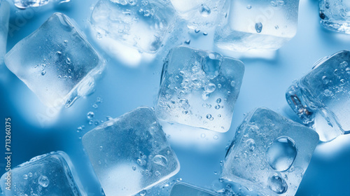 Captivating Overhead Shot of Crystal Clear Ice Cubes on Blue Background with Refreshing Droplets – Ideal Copy Space for Cool Summer Drink Concepts and Beverage Advertising