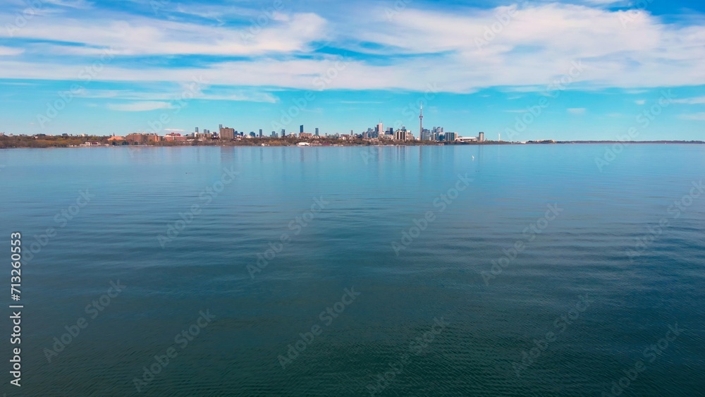 Calm lake, clear day, urban landscape backdrop, health focus. Health reflected serene, clear skies, city view. Urban oasis, tranquil lake under clear skies, emblem health. Drone view.