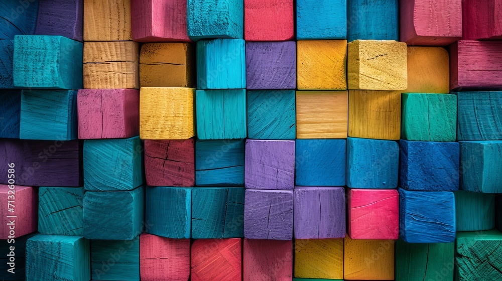 Multicolored Wall Constructed With Wooden Blocks, Creative Design and Textures