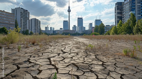 Fototapeta Naklejka Na Ścianę i Meble -  City of Berlin landscape panorama as heavily drought, dry Sprea river, a desert city