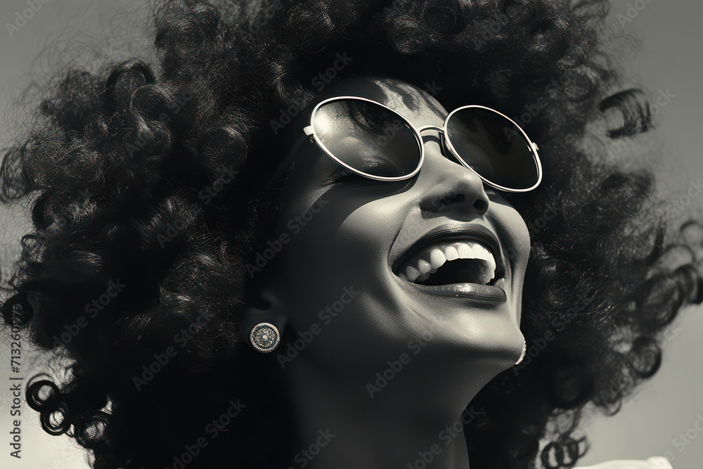Ethnic Beauty: Cheerful African American Woman with Afro Hair Smiling Happily in Colorful Urban Studio