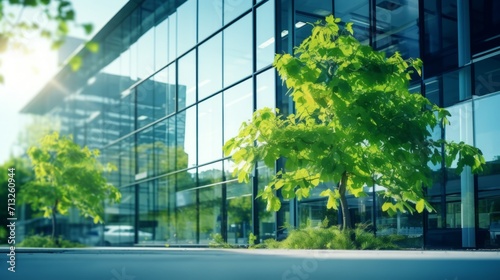 Ecology Concept : Eco-friendly building in the modern city. Sustainable glass office building with tree for reducing carbon dioxide