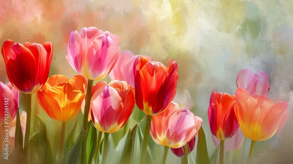 Vibrant Tulips in a Colorful Field, A Captivating Display of Natures Beauty