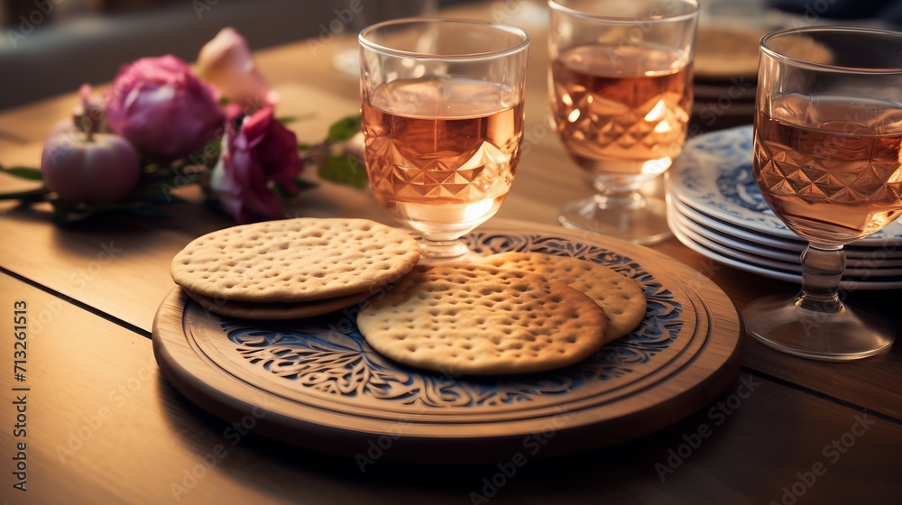 Table Displaying Plates of Cookies and Wine for Indulging, Passover