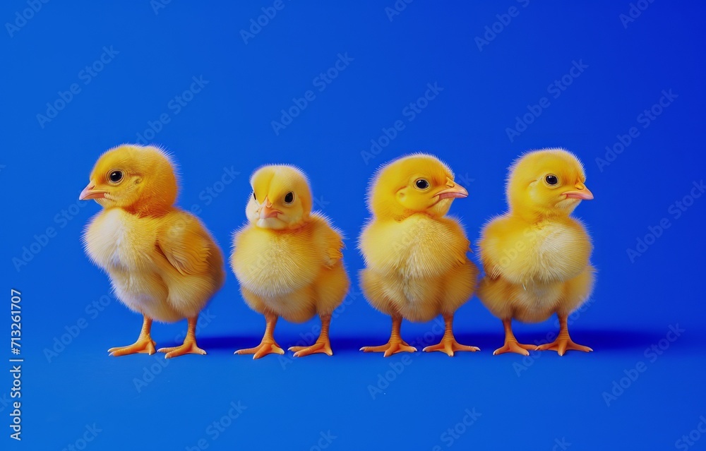 Adorable baby chicks on bright blue background. 
