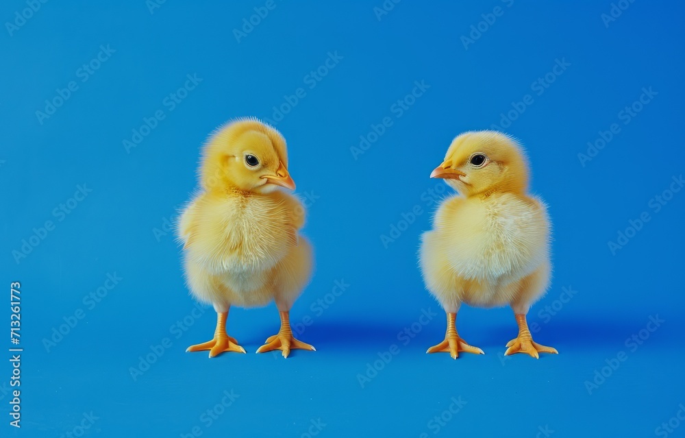 Two adorable little yellow chicks on bright blue background. 
