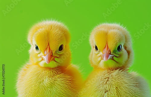 Two cute yellow baby chicks on bright green background. Easter, farm animal concept.  © Maroubra Lab