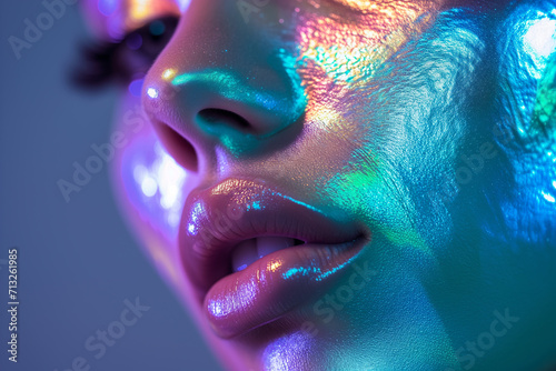 Makeup and cosmetics technology. digital female portrait on black background. Abstract digital human face. Concept of artificial intelligence  big data  or cybersecurity.
