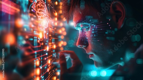 Man Looking at Computer Screen With Brain Displayed