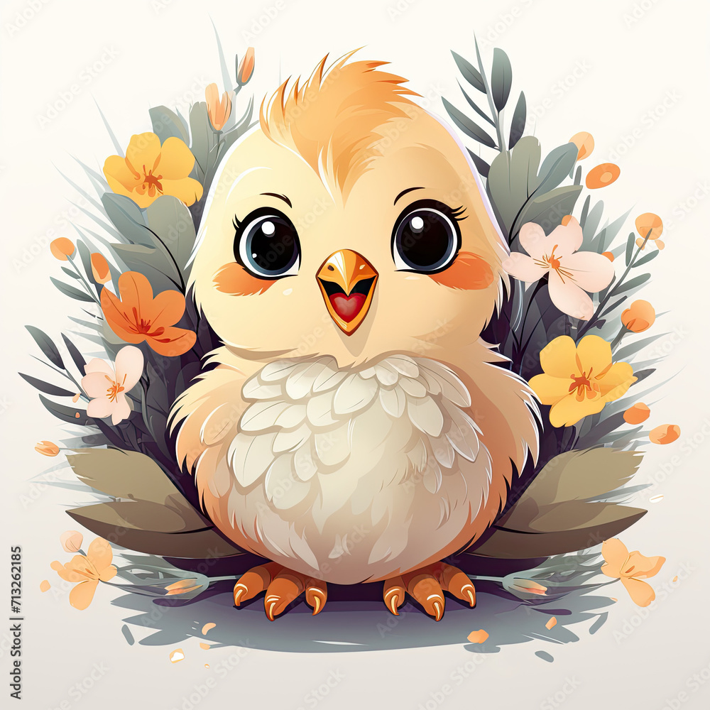 Fototapeta premium Vector illustration of a cute little bird on a background of flowers