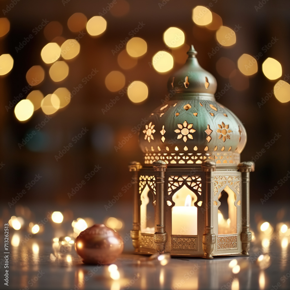 Ramadan Kareem background. Generative AI image. Ramadan Lantern with Colorful Light Glowing at Night and Glittering with Bokeh Lights on Ground. Ramadan Kareem background. Generative AI image. Ramadan Lantern with Colorful Light Glowing at Night and Glittering with Bokeh Lights on Ground.