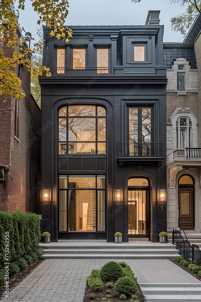 Modern townhouse with black exterior and latern lights on wall, at dusk, lights on inside