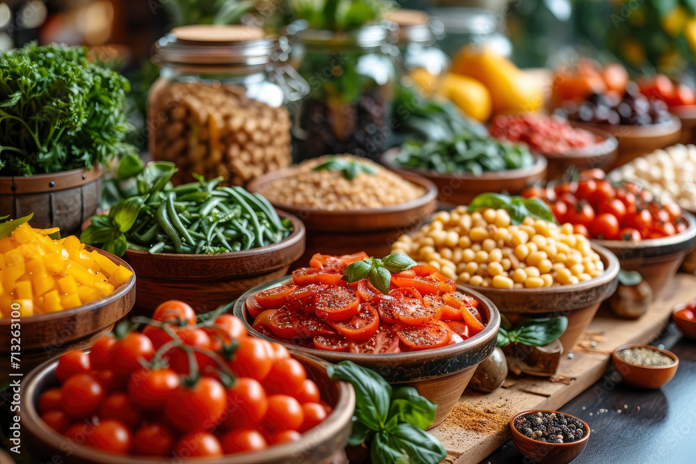 A group of health foods in a rustic kitchen setting, fruit and vegetables