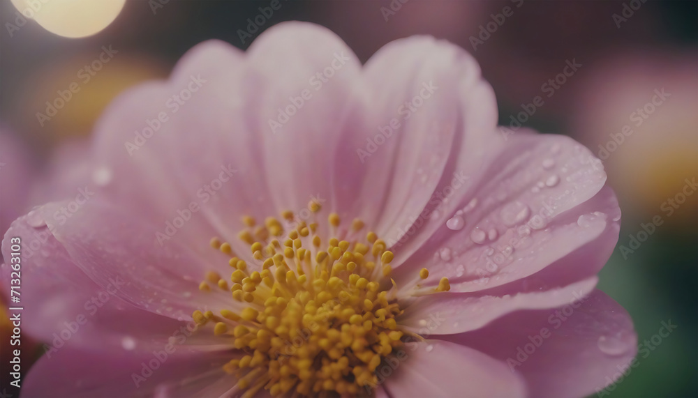 Close up of pink cosmos flower with water drops on petals. Generative AI Close up of pink cosmos flower with water drops on petals. Generative AI