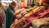 Woman chooses colorful shawls at the bazaar