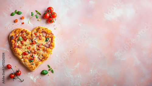 homemade italian pizza in heart shape for valentines day romantic date love with pink pastel background in editorial magazine look with salami basil  photo