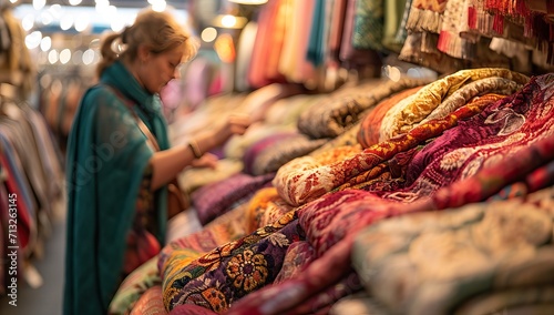 Woman chooses colorful shawls at the bazaar photo