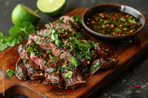 Beef Lok Lak with pepper lime dip made of beef fillet, black Kampot pepper, fish sauce, palm sugar, parsley dill mint, Lolo Rosso, limes, clean wooden background photo