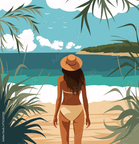Vector illustration of summer holidays. Tourism. A girl on vacation in a swimsuit and hat walks along the beach. Girl back view. Sea, sky, sandy shore, palm trees, sand