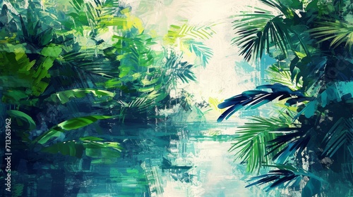 Abstract art inspired by a tropical island paradise with clear waters and lush greenery background