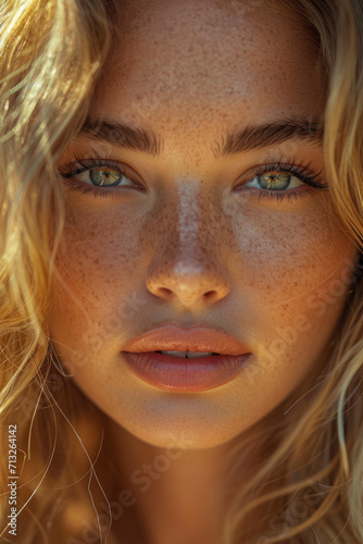 A close up portrait of a beautiful blonde woman with freckles, natural lighting