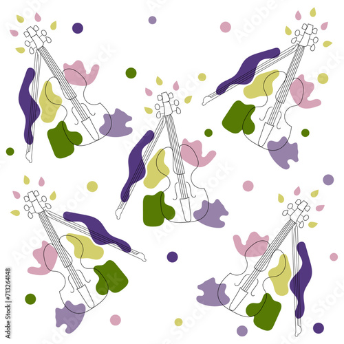 Cute multicolored seamless pink-violet-green, yellow Line Art Violins pattern with dots on white background. Colorful vector illustration for cards, business, banners, textile, wallpaper, wrapping 